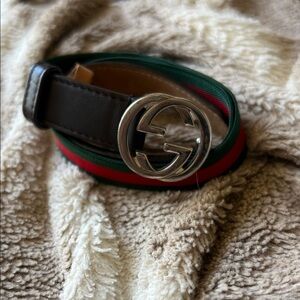 Gucci Kids Belt with Silver Buckle and Green, Red, Black Stripes